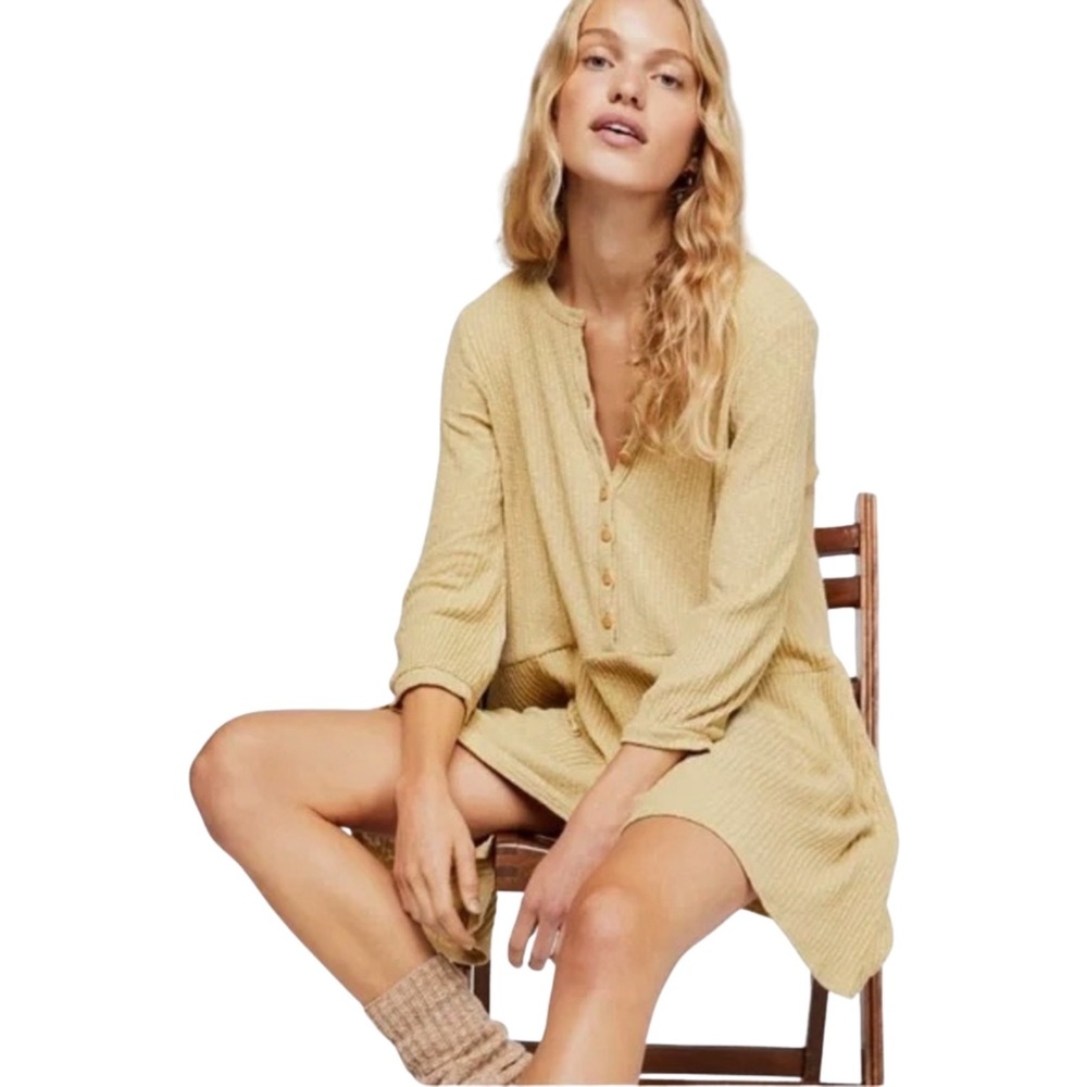 Free People Dress Womens Small Blossom Ribbed Henley Mini Long Sleeve Pockets